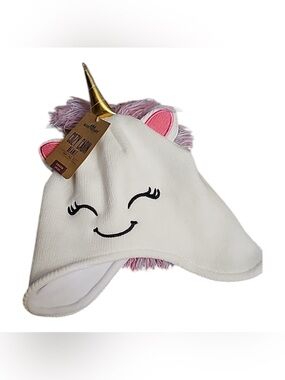 Cozy Youth Unicorn Hat - White with Pink & Purple Mane